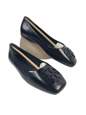Tory Burch Georgia Black Leather Ballet Flats Athene Logo Size 7.5 New In Box